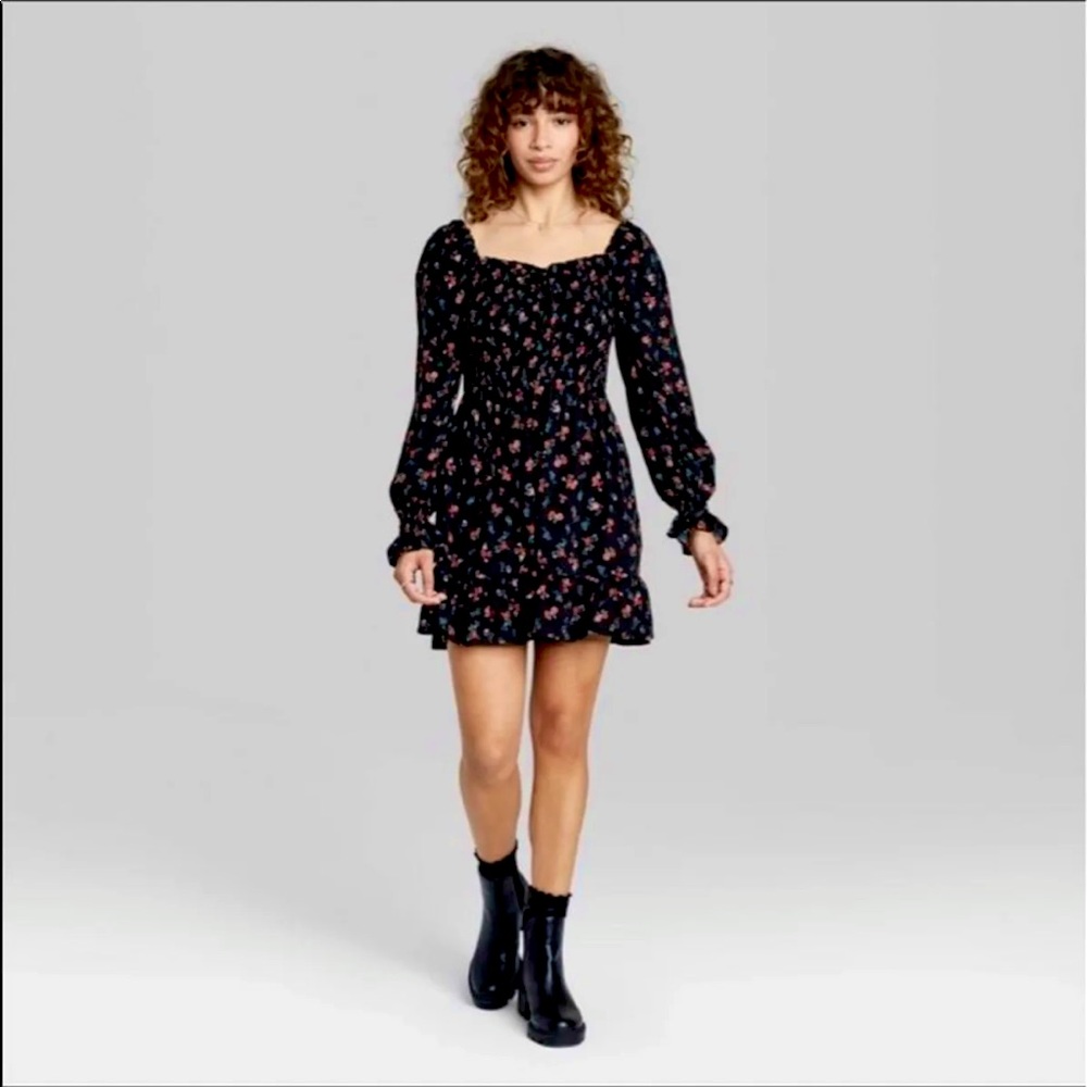 Women's Floral Print LS Smocked Top Short Dress